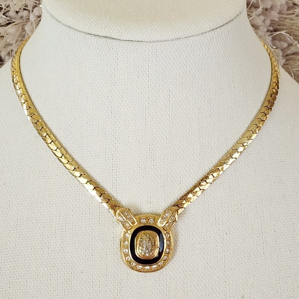 Dior Gold Tone Necklace with Black Enamel and Clear Crystals